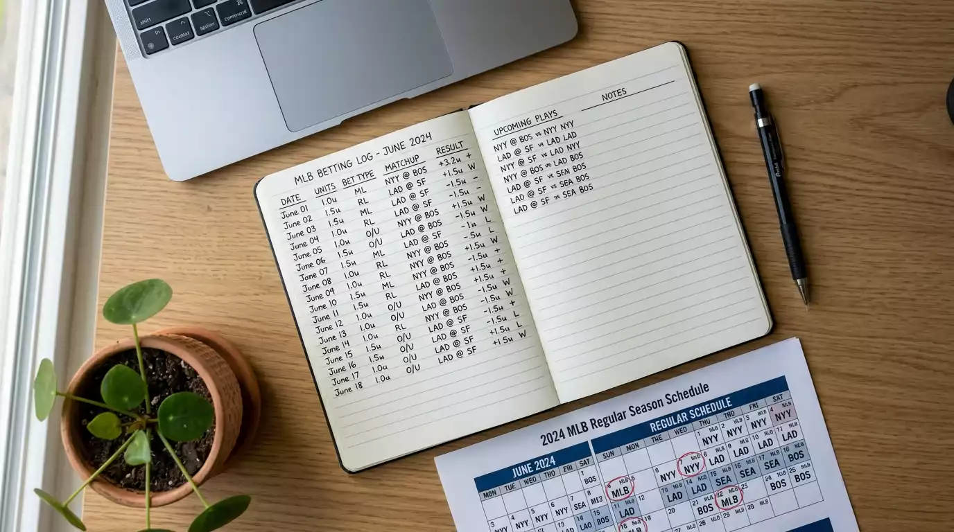 Notebook with baseball betting bankroll tracking notes beside a laptop showing MLB standings