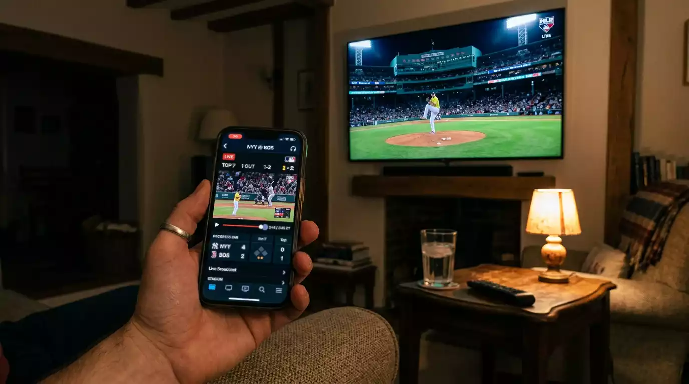 Smartphone displaying MLB live betting odds during a night baseball game with stadium lights in background